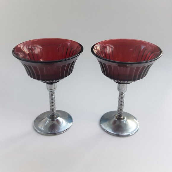 VTG Glass Ruby Red Martini 2 Goblets Chrome Stem Art Deco New Martinsville 1930s - Picture 1 of 10